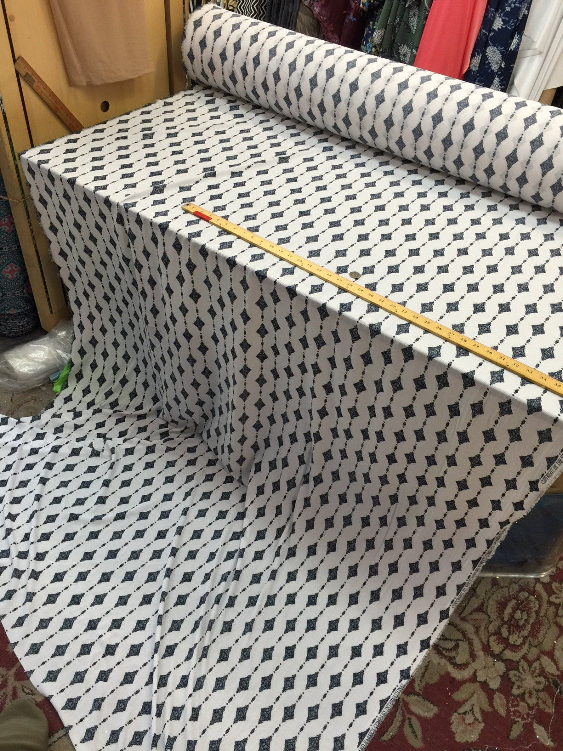 Polyester Spandex Crepe Fabric in White Navy