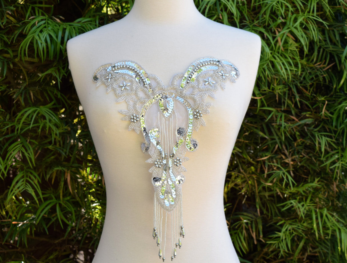 Beaded Sequined Applique Silver Iron-On