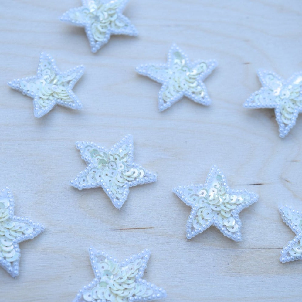 Star Patch White Sequin Beaded 0.75"