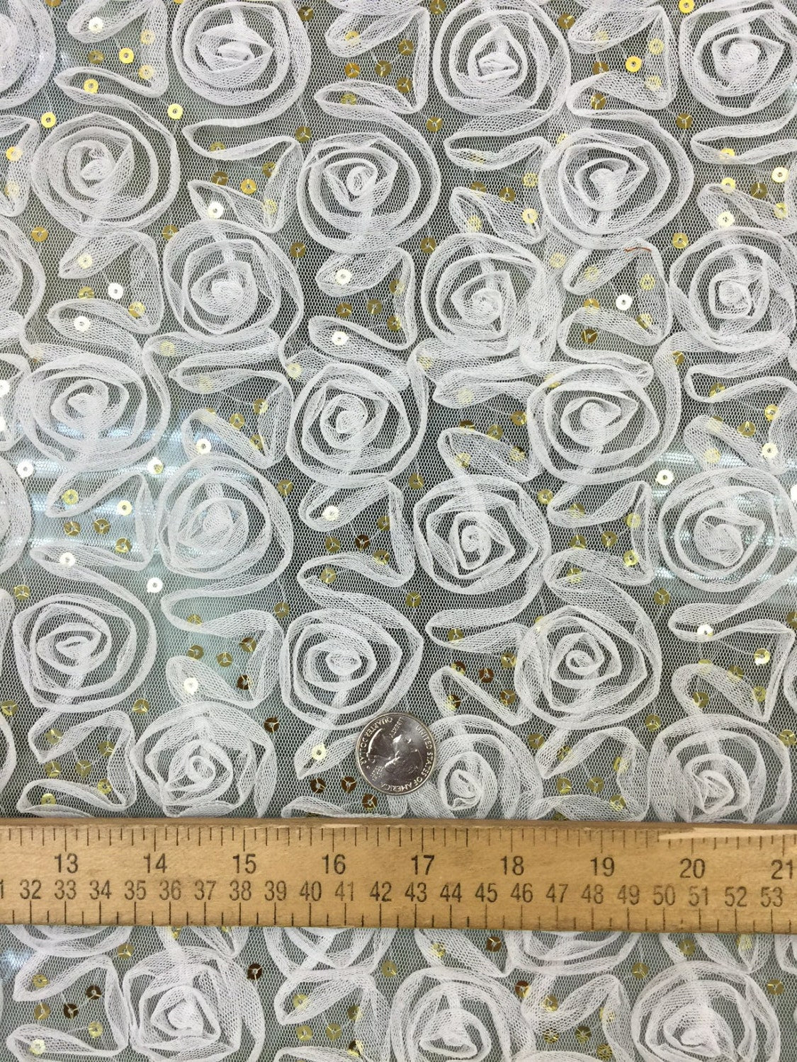 Sequin Lace Mesh Fabric Off White Rosettes Gold