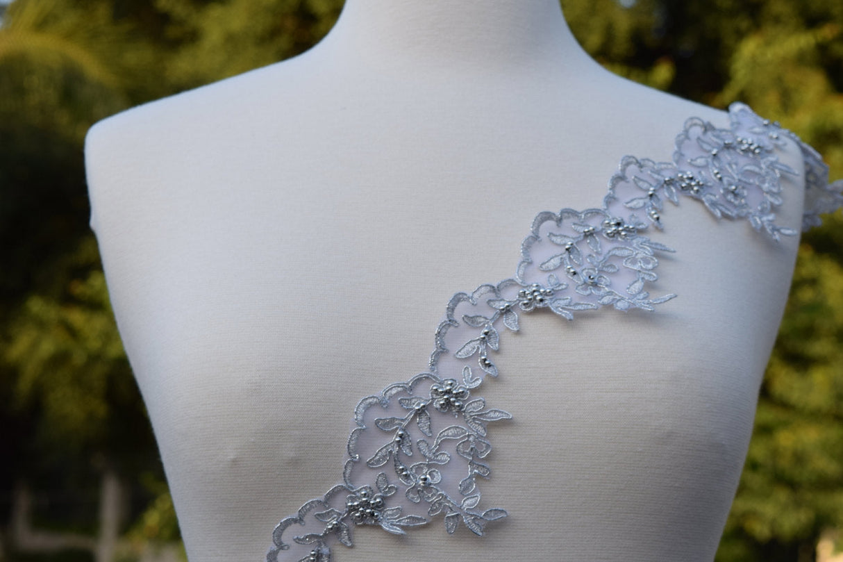 Lace Trim Silver Beaded 3 Inch
