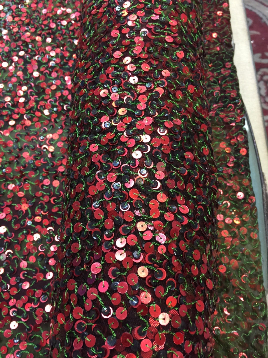 Sequin Mesh Fabric Green with Red and Brown