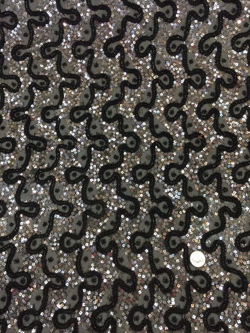 Beaded French Lace Fabric Silver Grey Black