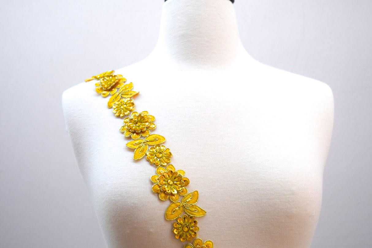 Beaded Lace Trim Yellow Floral 1.75in