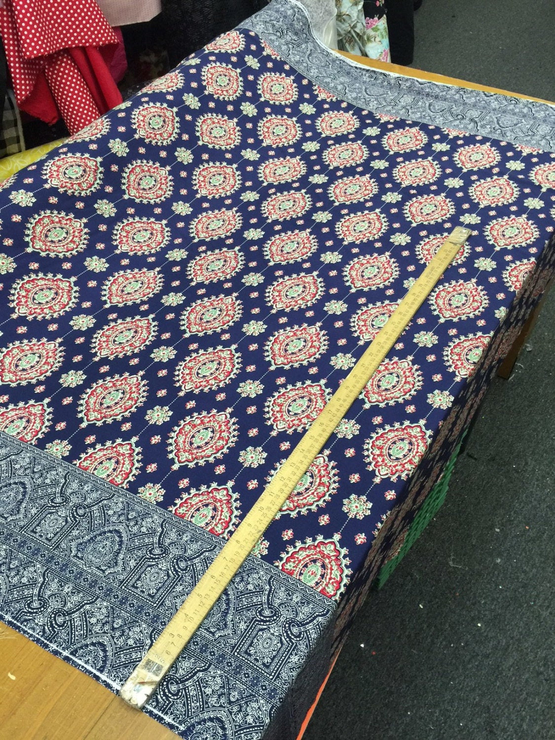 Rayon Challis Two Border Navy Blue Fuchsia Pink
