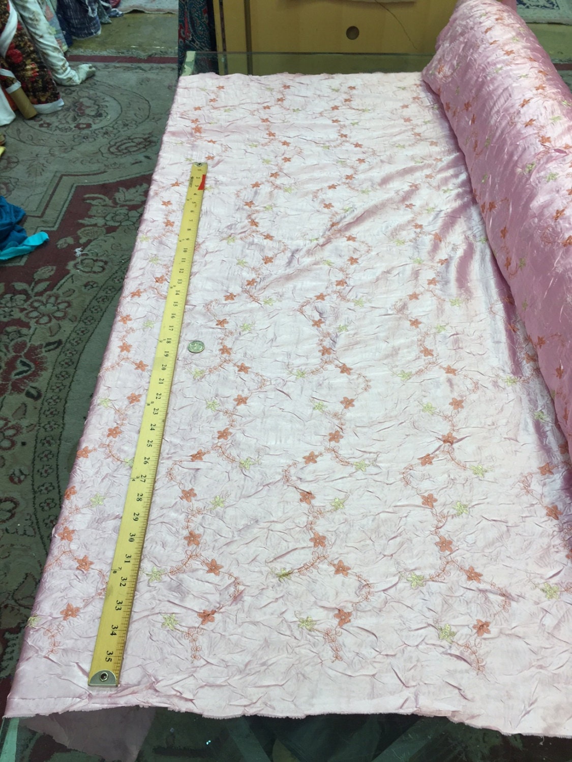 Embroidered Taffeta Floral Pink Fabric