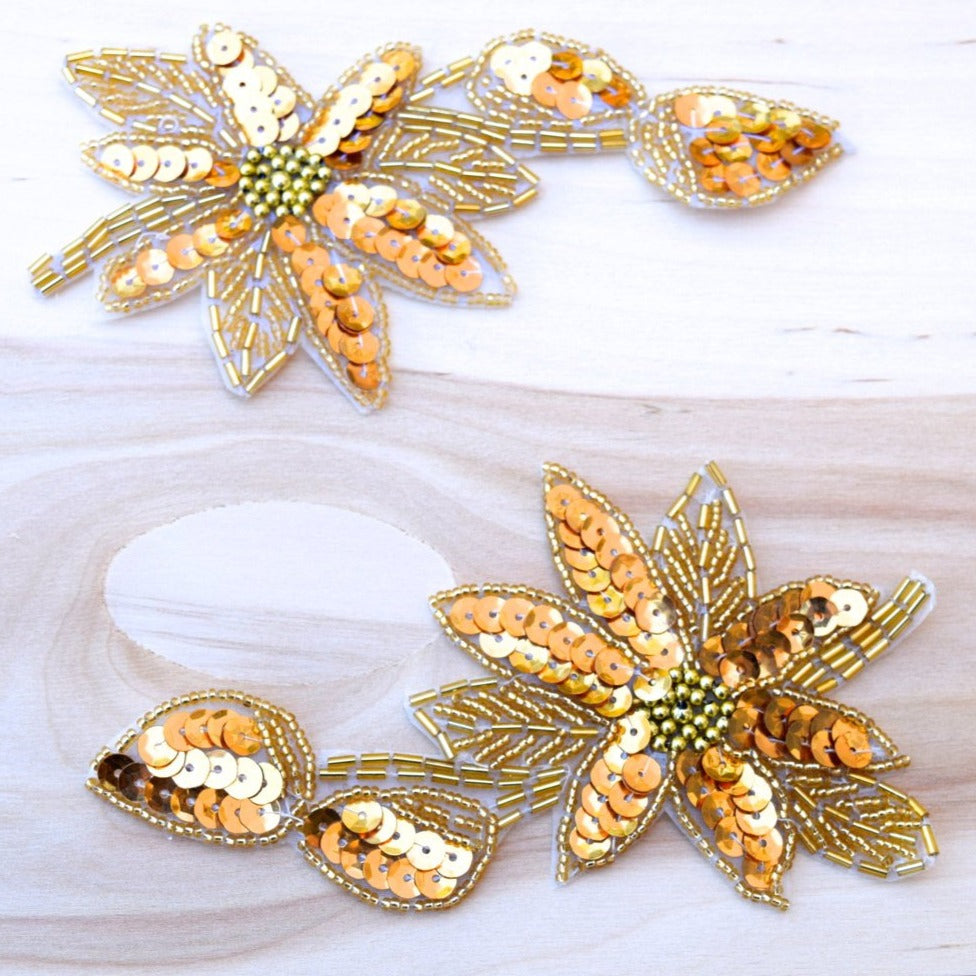 Sequin Beaded Flower Patch Antique Gold