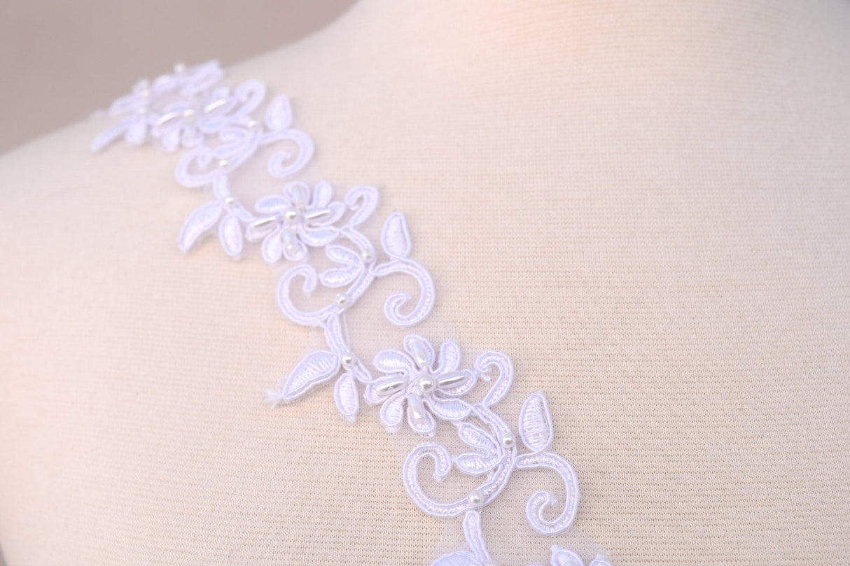 Bridal Beaded Lace Trim White 1.5"