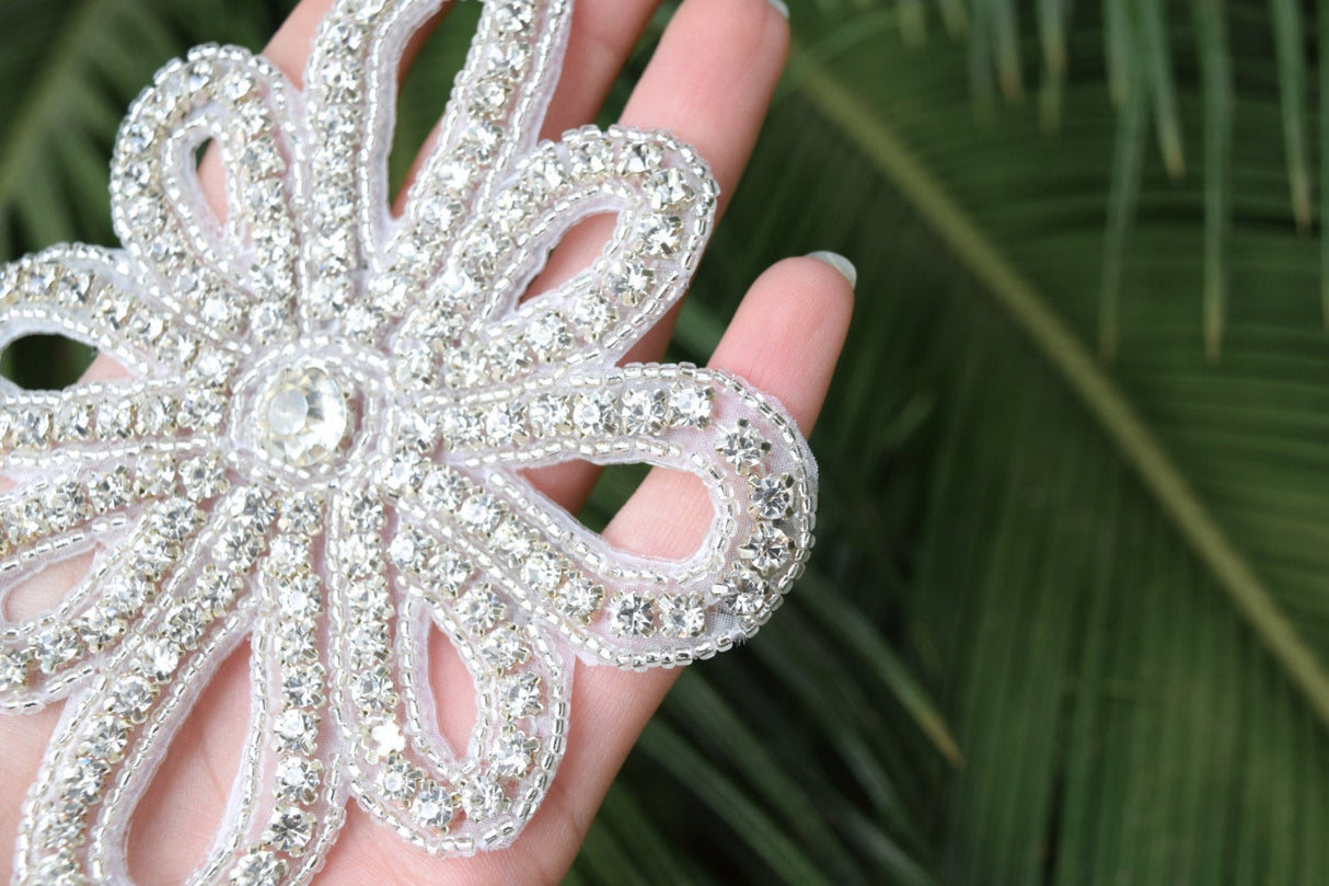 Rhinestone Applique Silver Flower 4 Inch