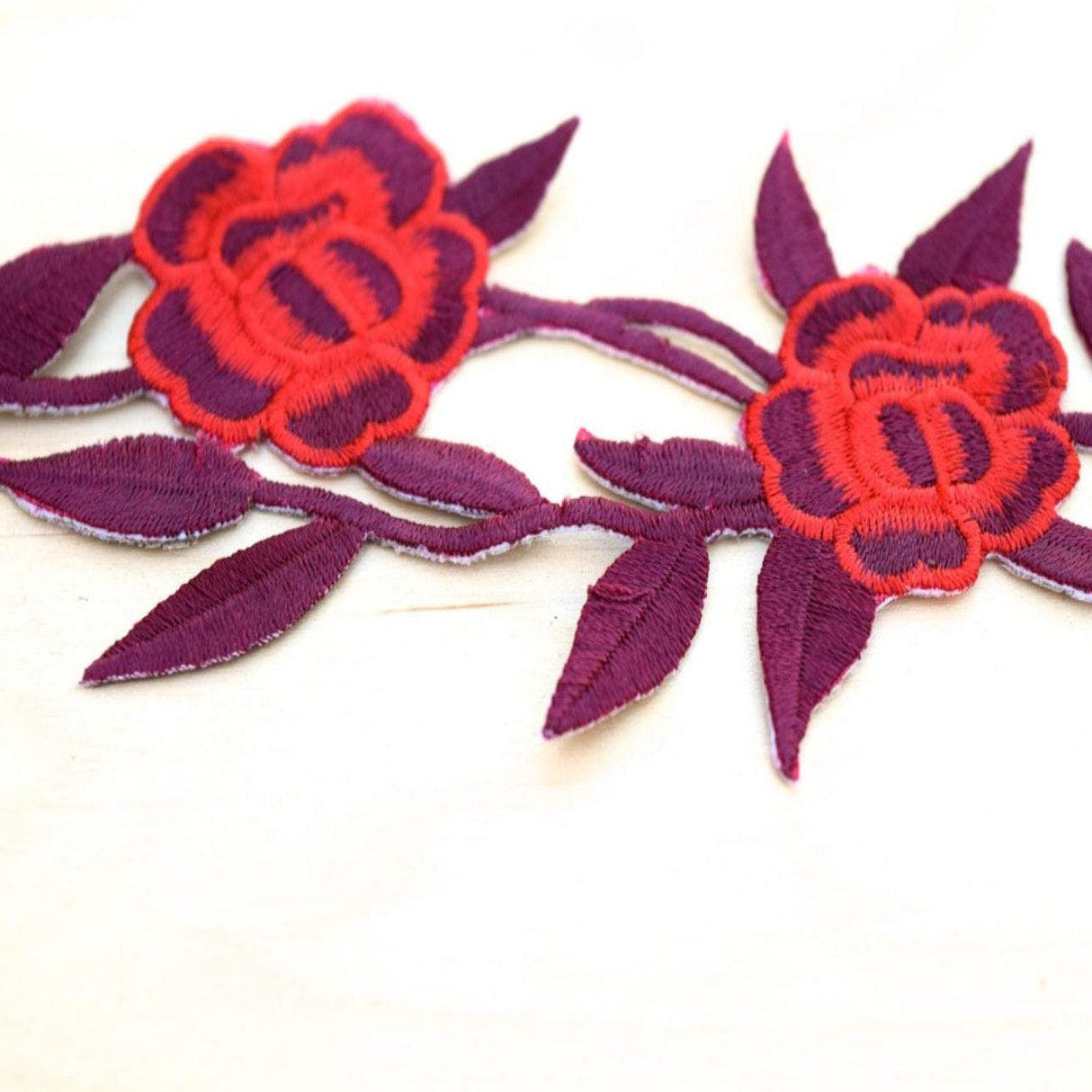 Embroidered Rose Appliques Red Burgundy