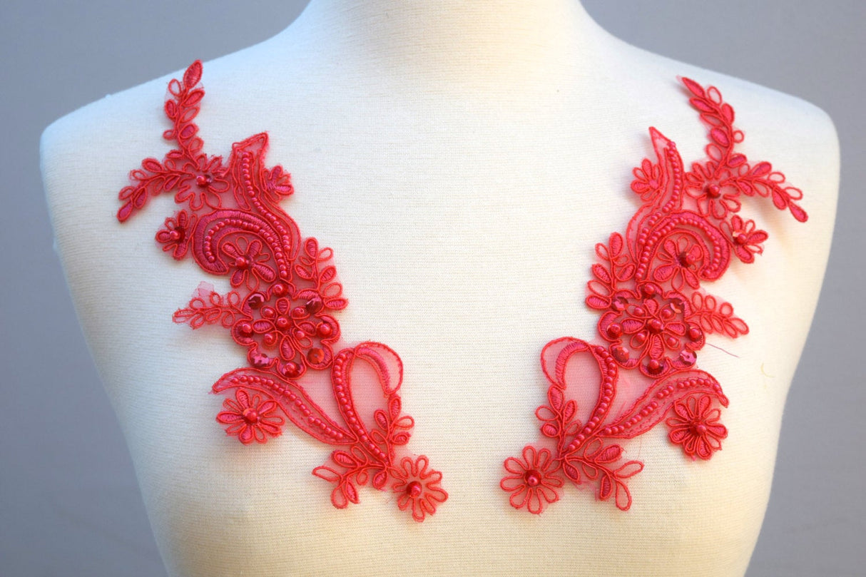 Beaded Lace Applique Coral Pink
