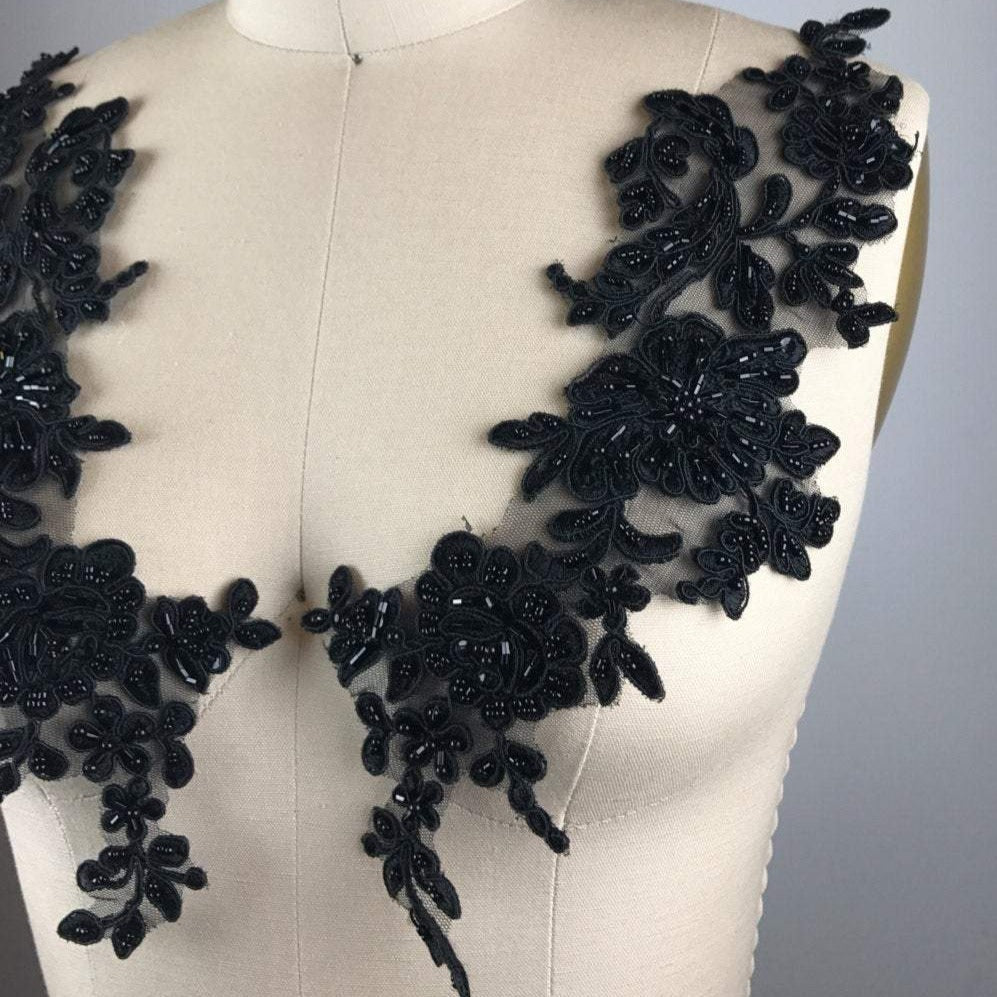 Beaded Lace Applique Black Mirrored