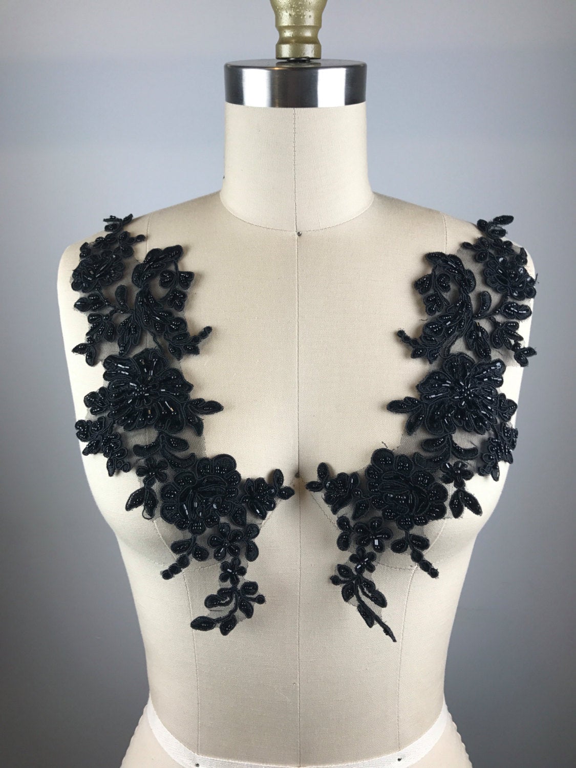 Beaded Lace Applique Black Mirrored