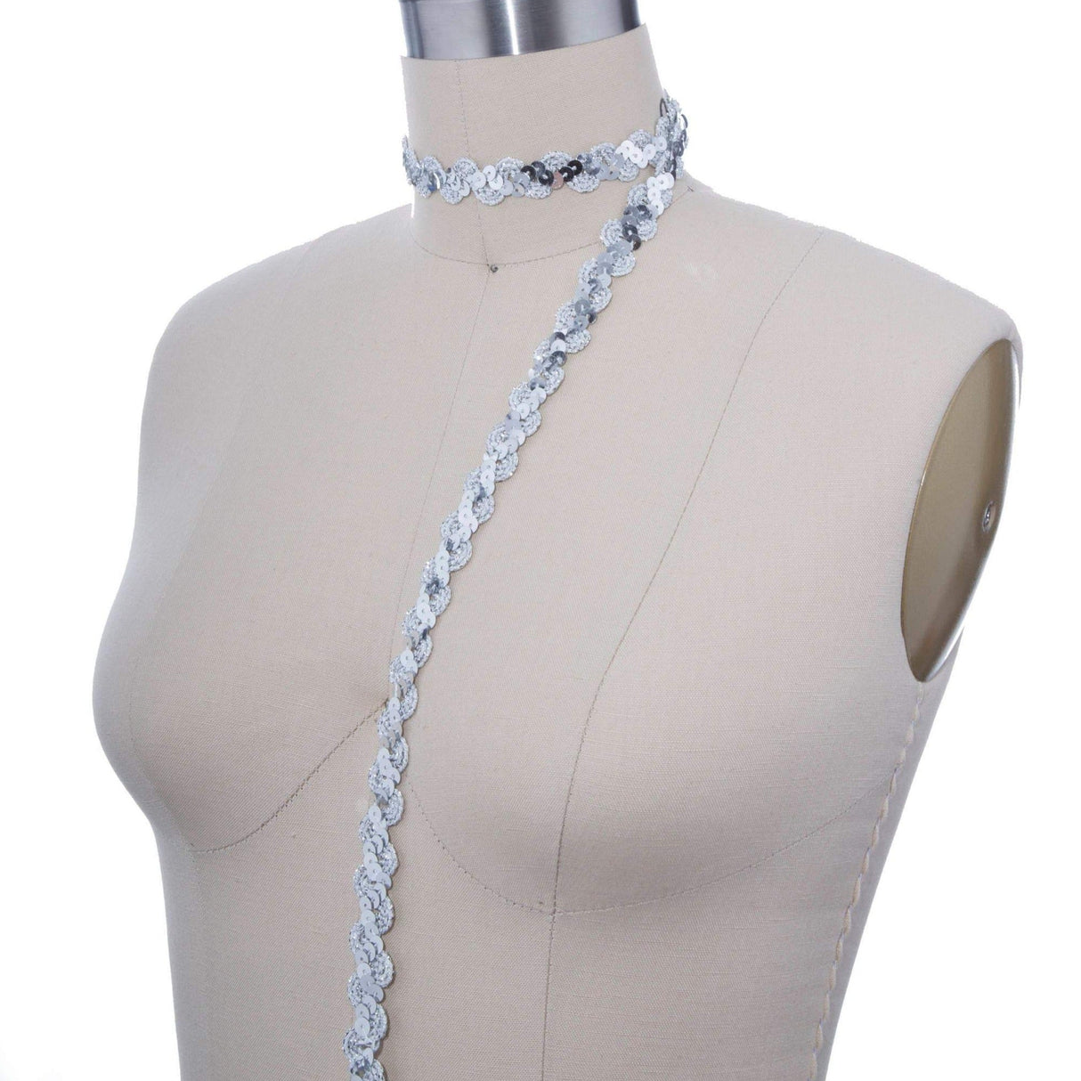 Sequined Ribbon Trim Silver Scroll Design