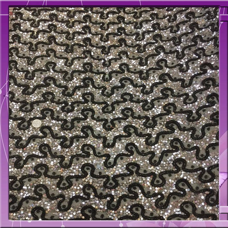 Beaded French Lace Fabric Silver Grey Black
