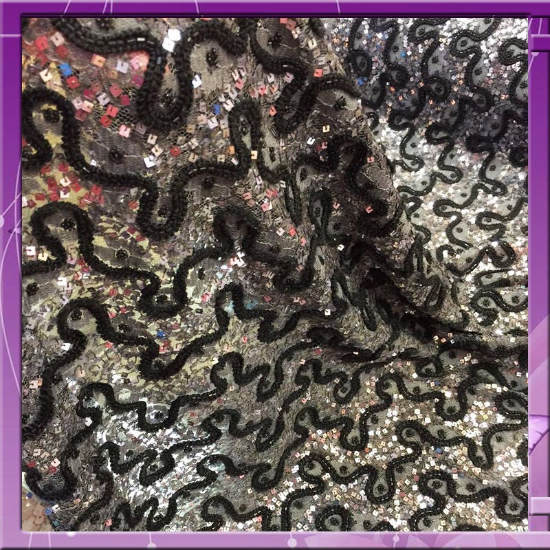 Beaded French Lace Fabric Silver Grey Black