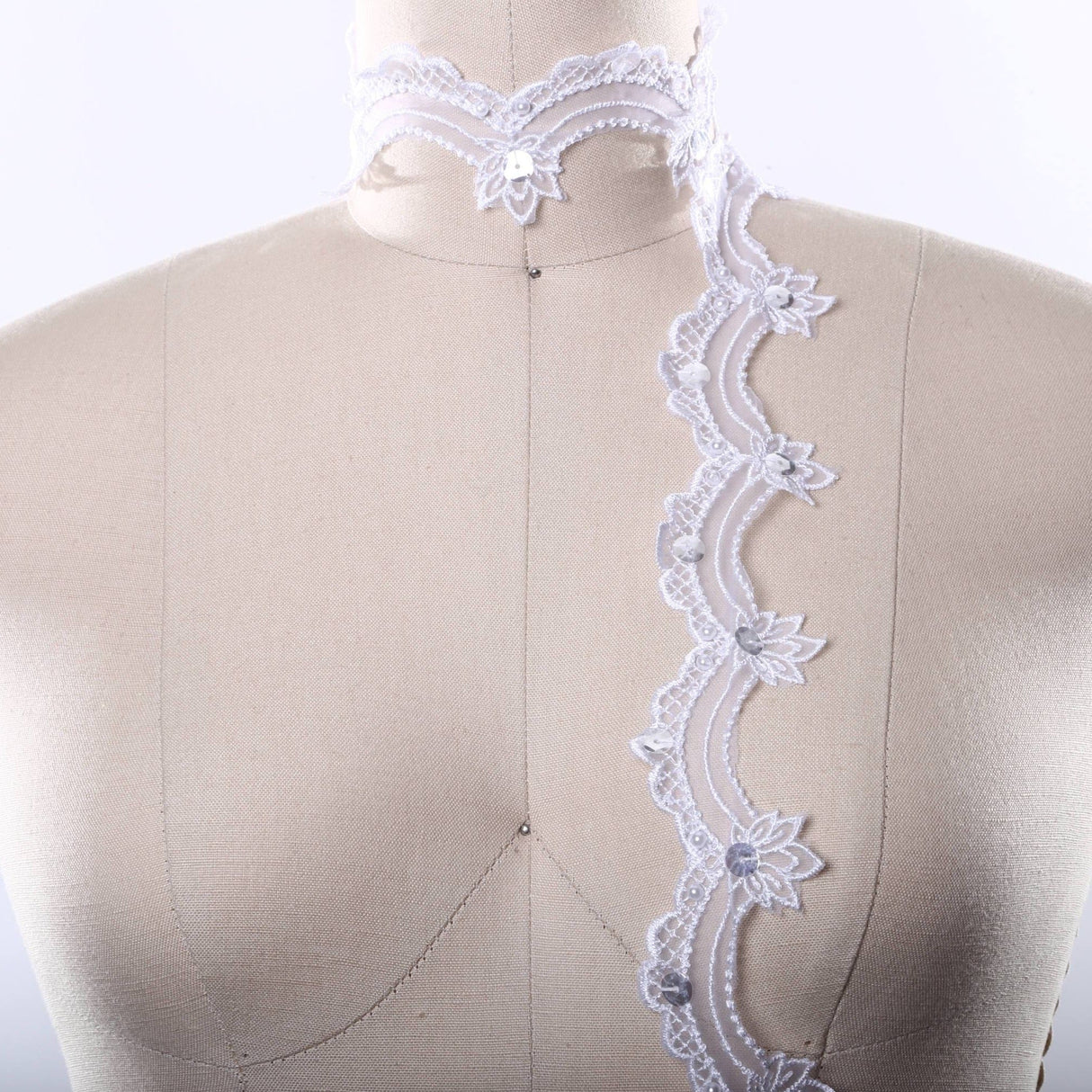 Sequined Polyester Lace Trim White Ivory 1 Inch