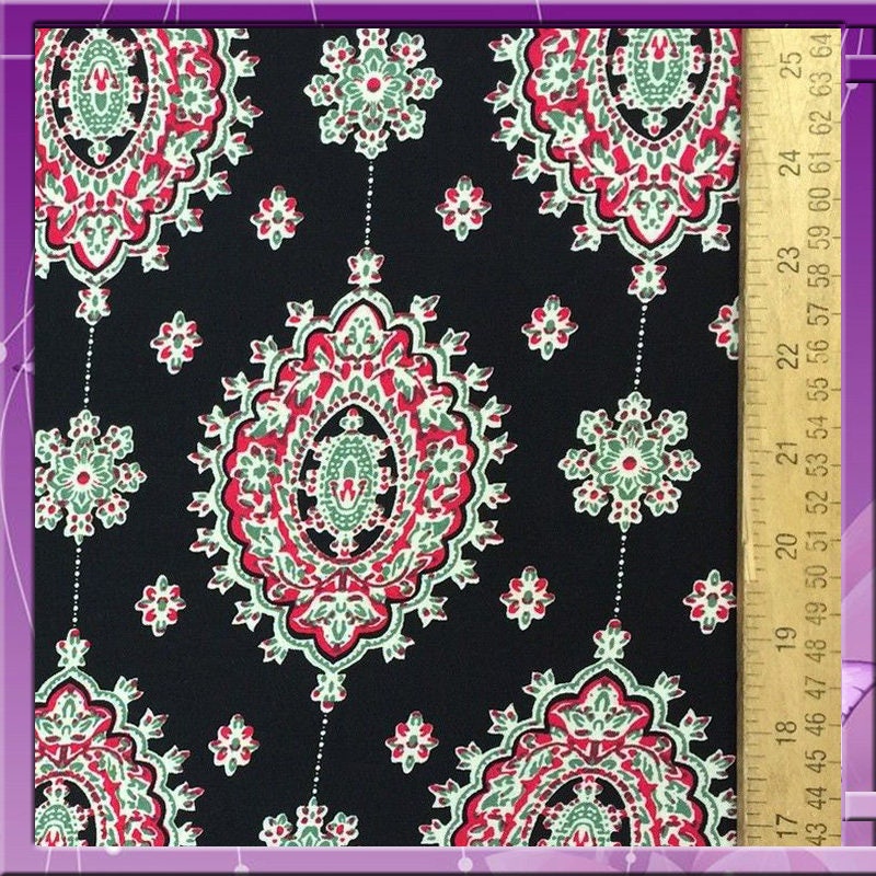 Rayon Challis Two Border Black and Fuchsia