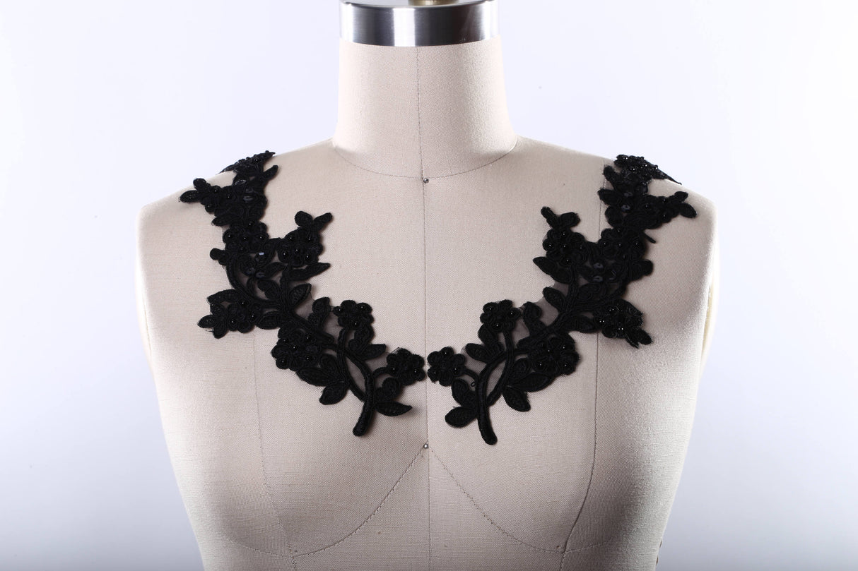 Beaded Lace Applique Pair Black