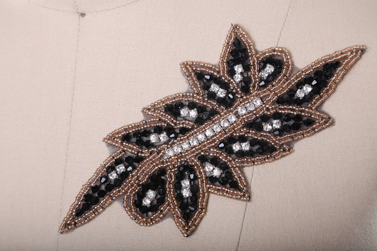 Rhinestone Leaf Applique Black Champagne