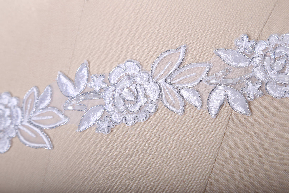 Bridal Lace Trim White Silver Beaded 1.5in