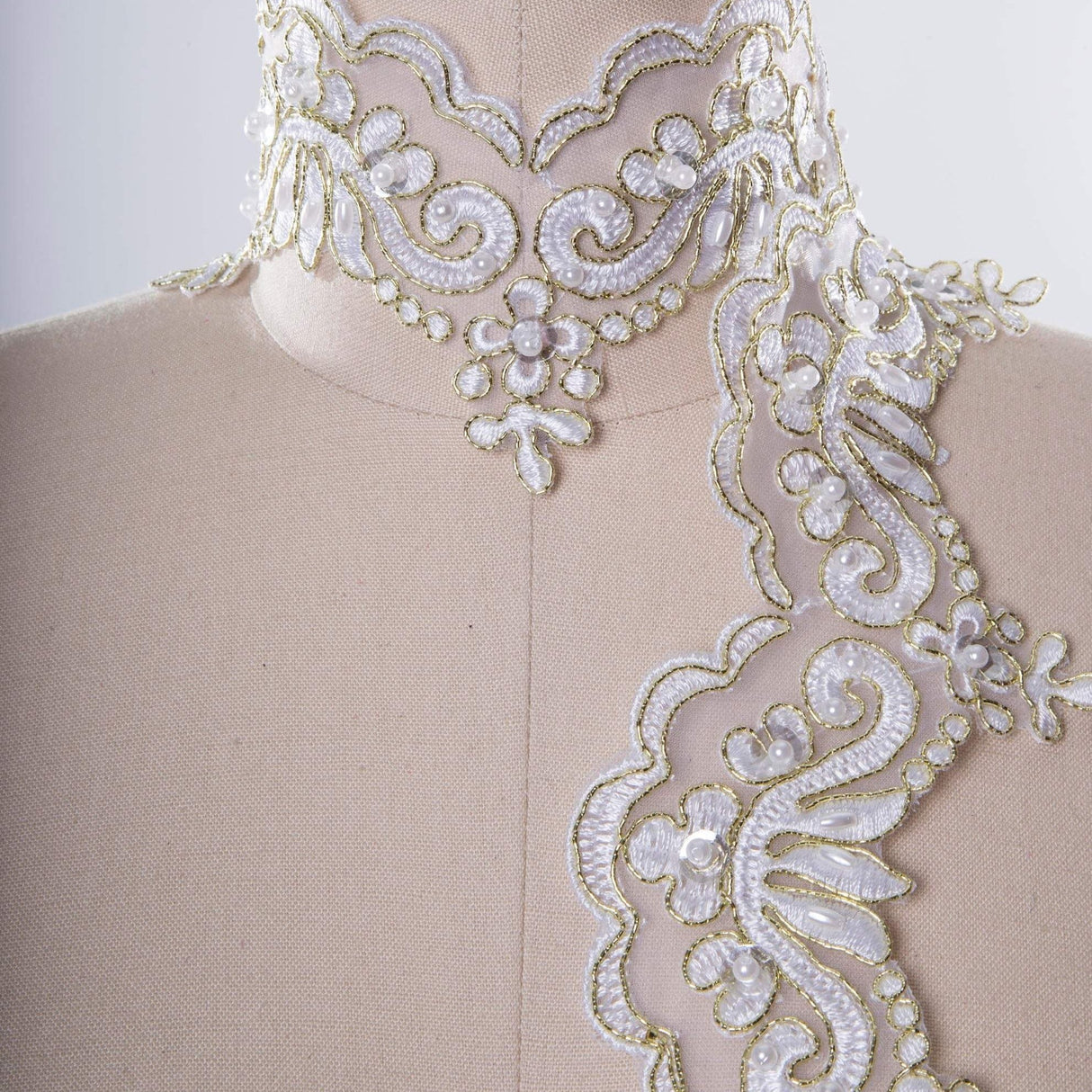 Bridal Lace Trim White Gold Beaded
