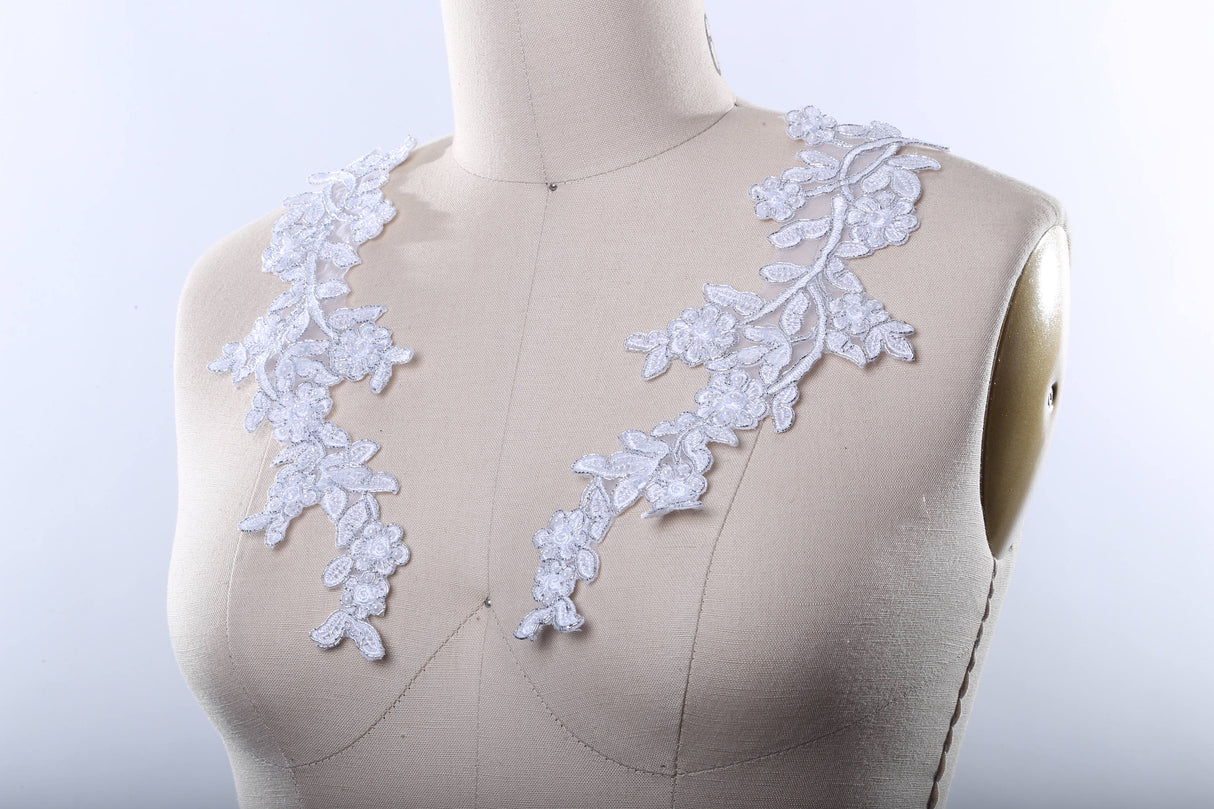 Beaded Lace Applique Pair Gold White