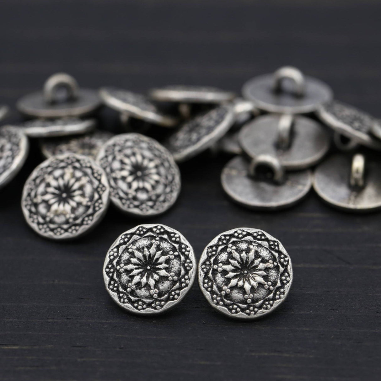 Metal Button Antique Silver Vortex Flowers