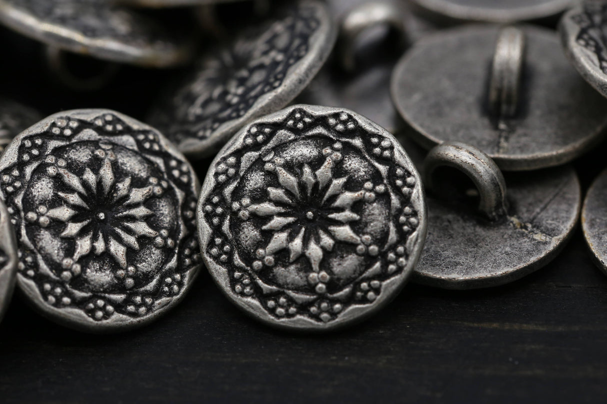 Metal Button Antique Silver Vortex Flowers