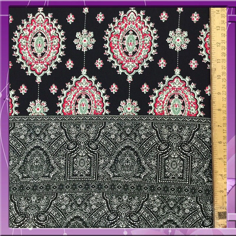 Rayon Challis Two Border Black and Fuchsia