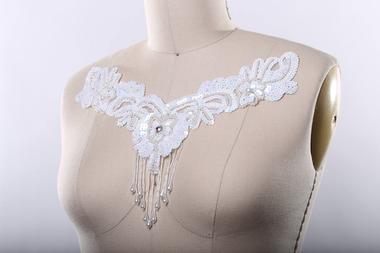 Sequin V-Shaped Applique with Beaded Fringe
