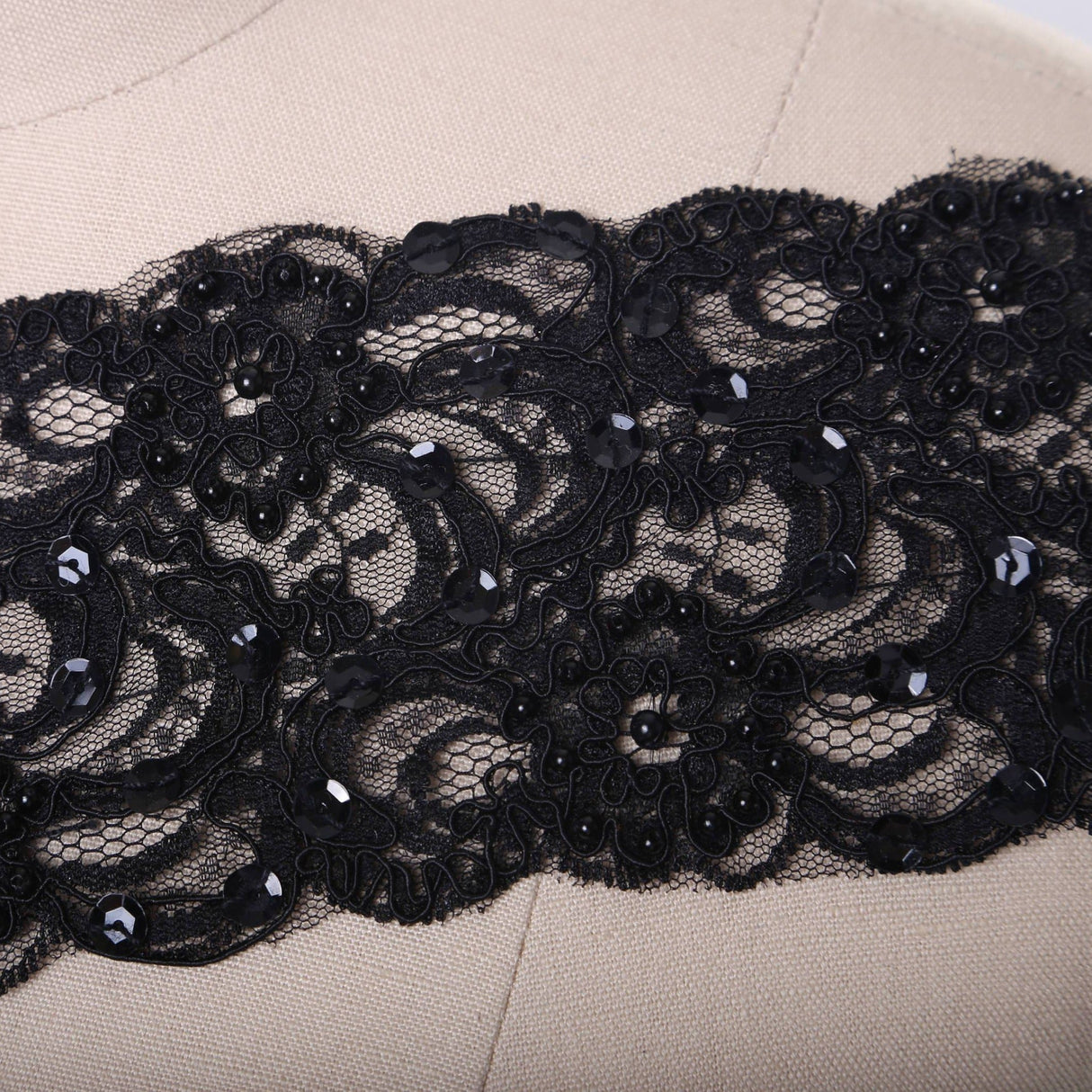 Black Beaded Alencon Lace Trim 3.75in