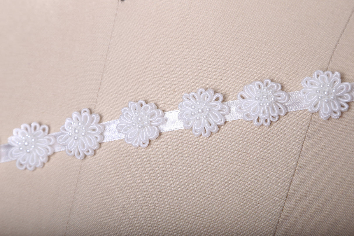 3D Flower Satin Ribbon Trim White Ivory