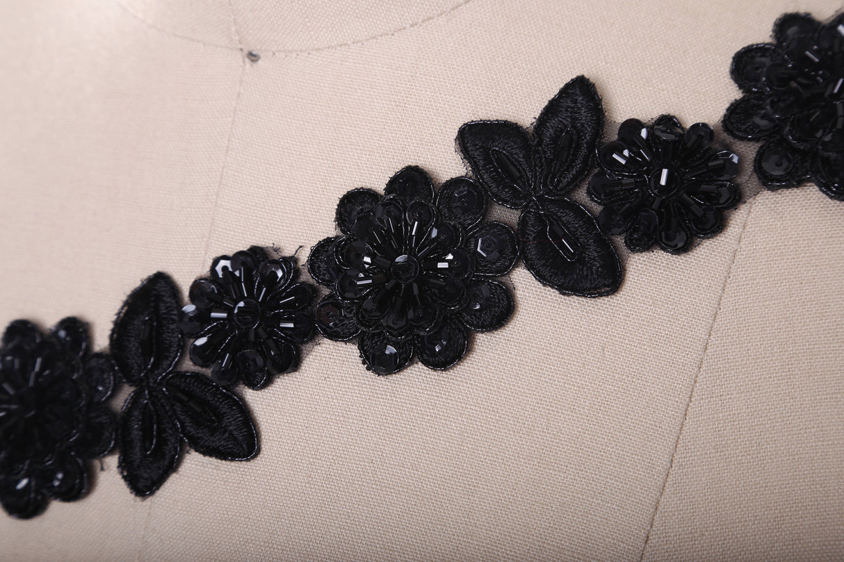 Beaded Lace Trim Black 1.75" 3D Flower Leaf