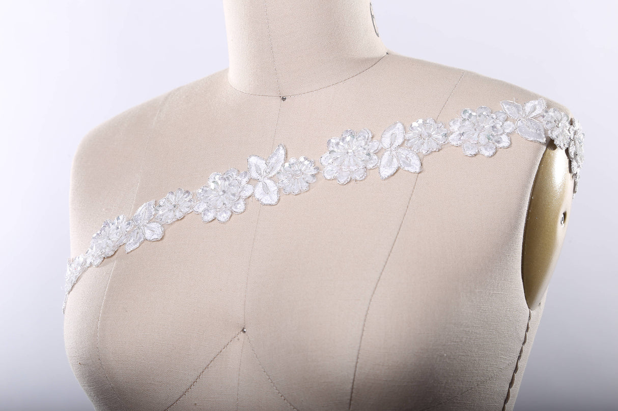 Beaded Lace Trim White Silver 1.75in