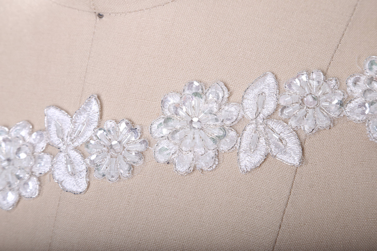 Beaded Lace Trim White Silver 1.75in
