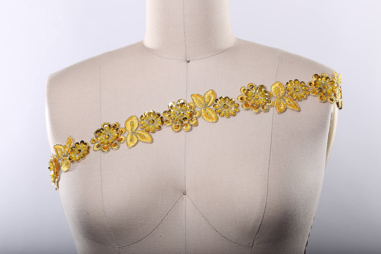 Beaded Lace Trim Yellow Floral 1.75in