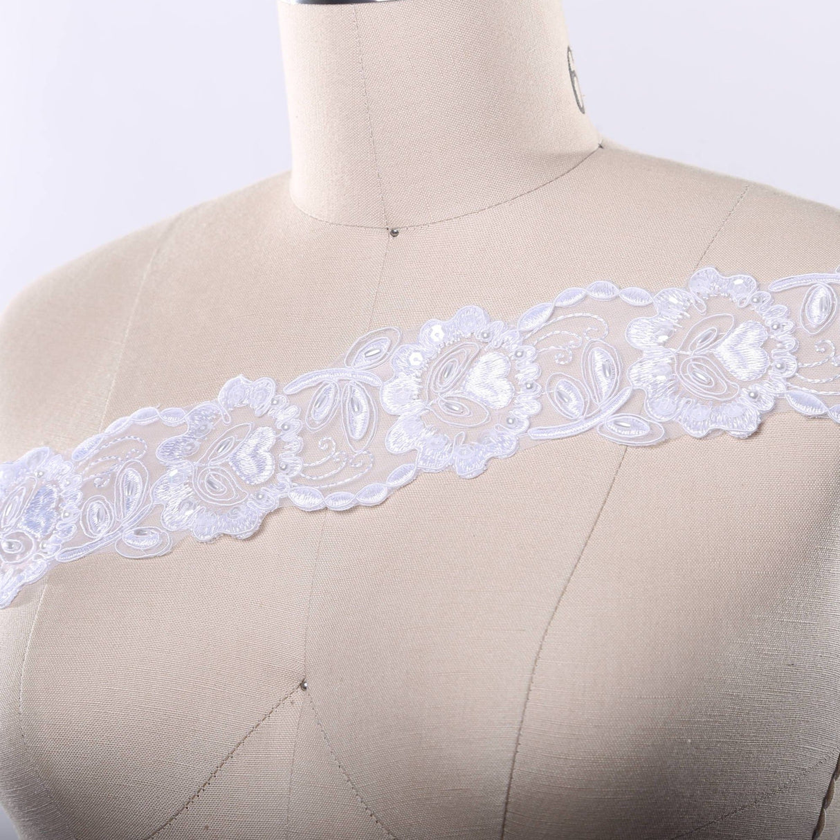 Beaded Bridal Lace Trim White Floral Chiffon