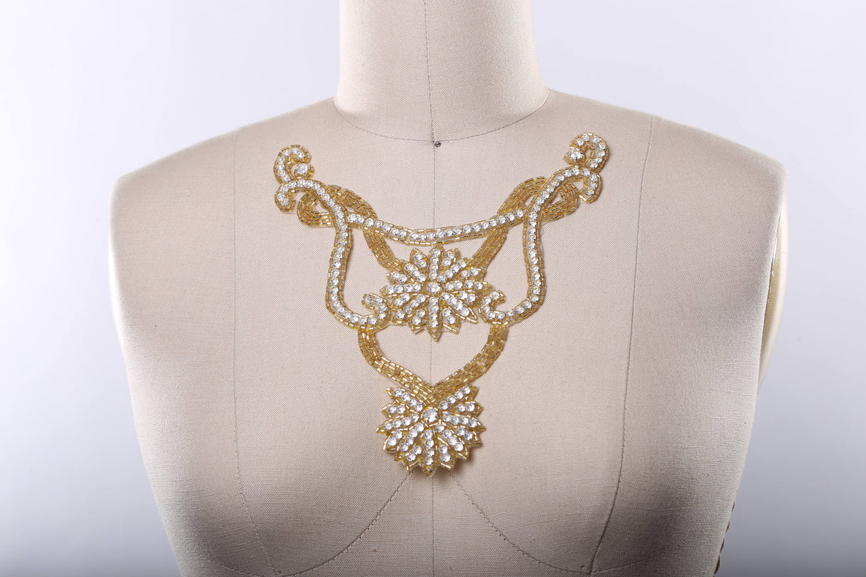 Rhinestone Applique Double Flower Gold Silver