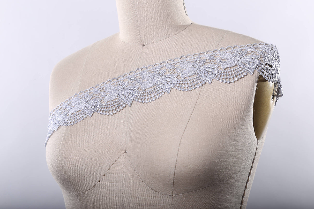 Venice Lace Trim Metallic Silver Rose Motif