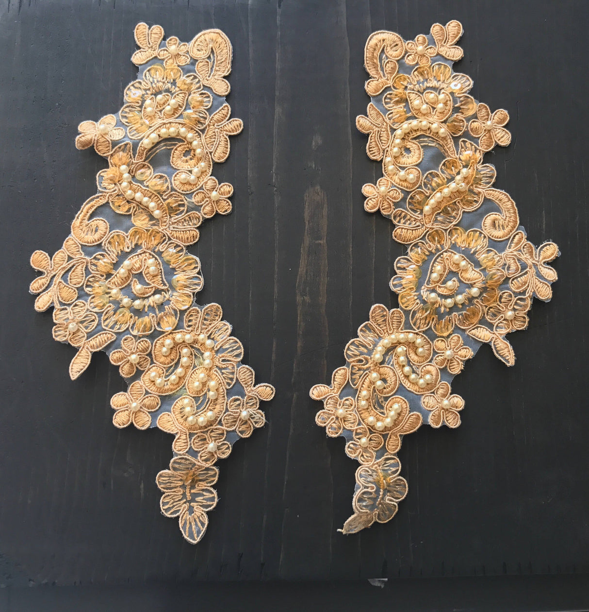 Beaded Lace Applique Pair Tan Gold