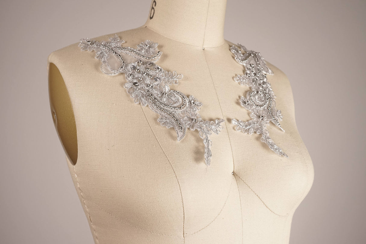 Lace Applique Pair Gray Silver Pearls