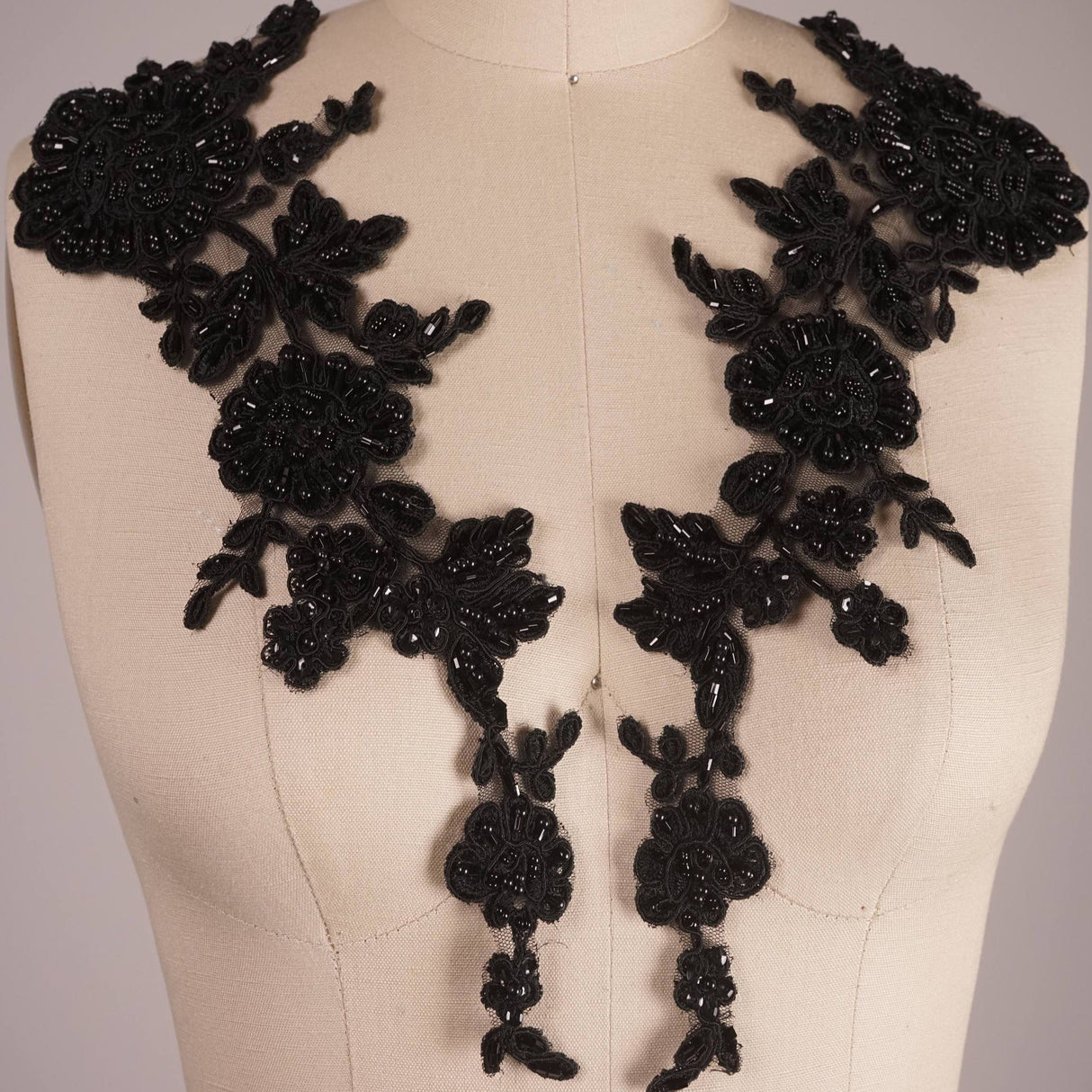 Beaded Lace Flower Applique Pair Black