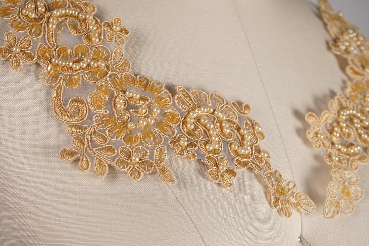 Beaded Lace Applique Pair Tan Gold
