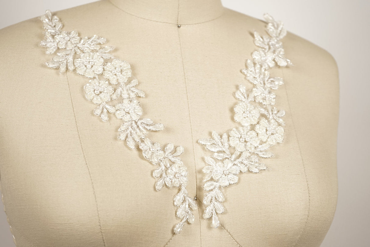 Bridal Applique Ivory Silver Beaded Flowers