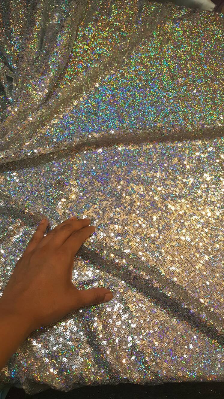 Sequin Mesh Fabric Silver Iridescent Hologram