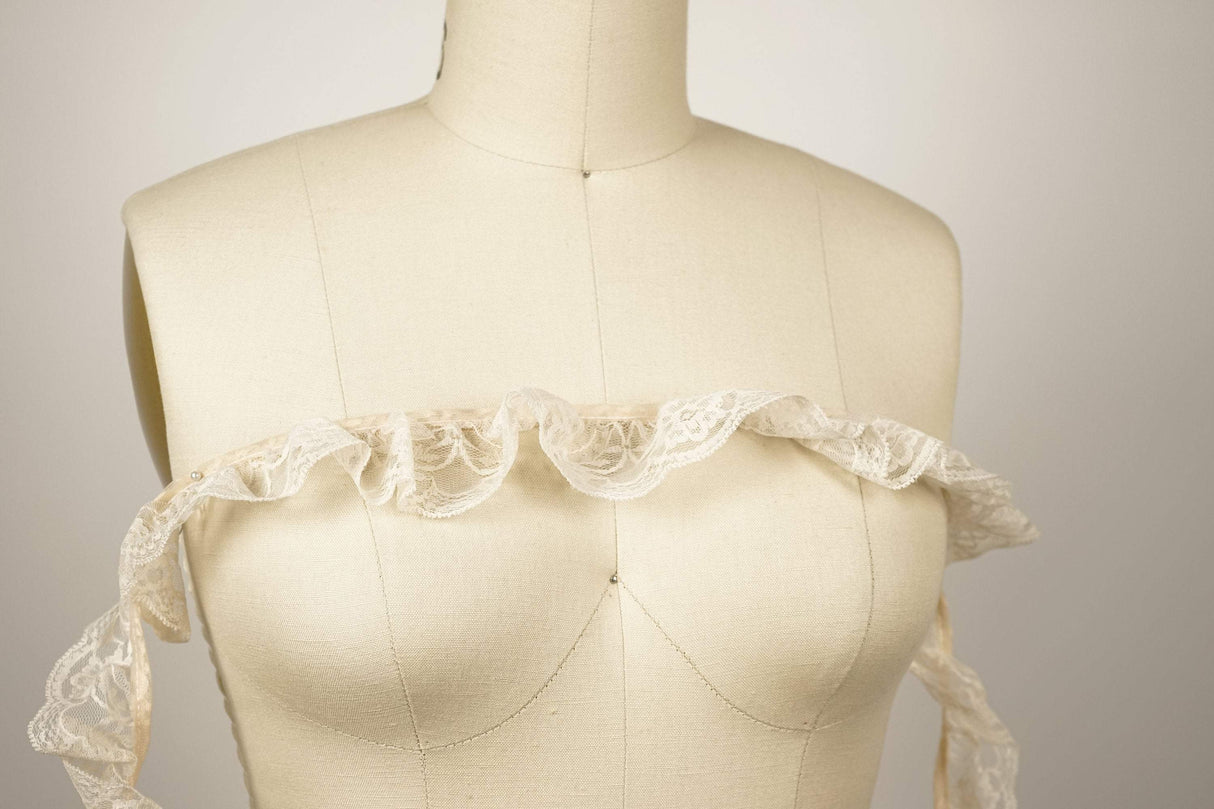 Ruffle Satin Trim Beige Lace Overlay