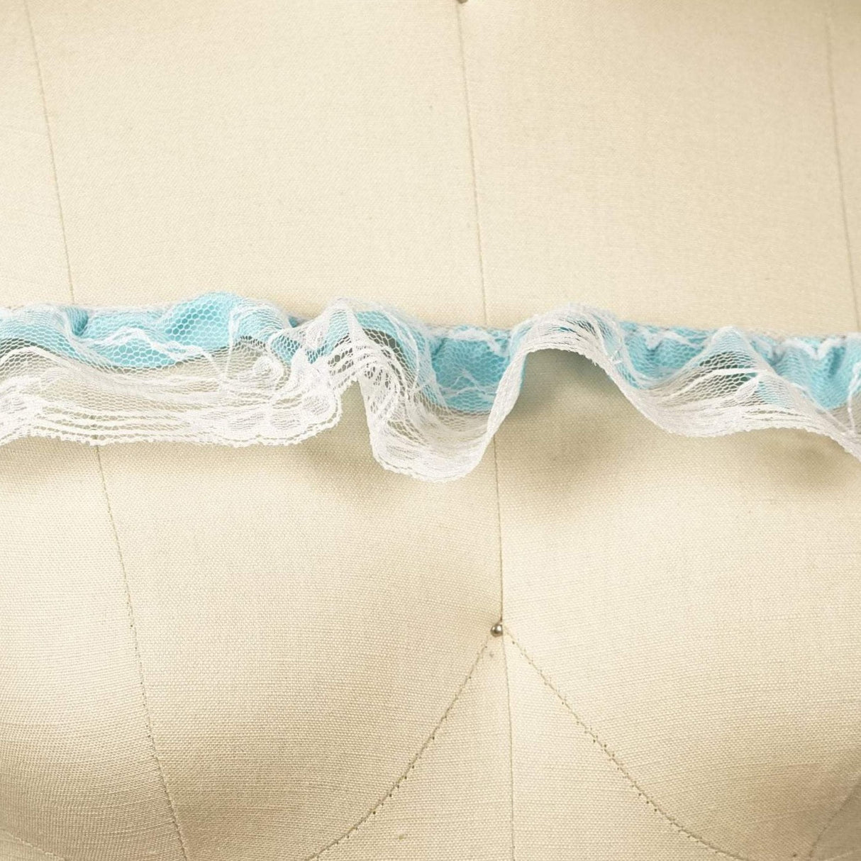 Ruffle Satin Trim Turquoise Lace Overlay