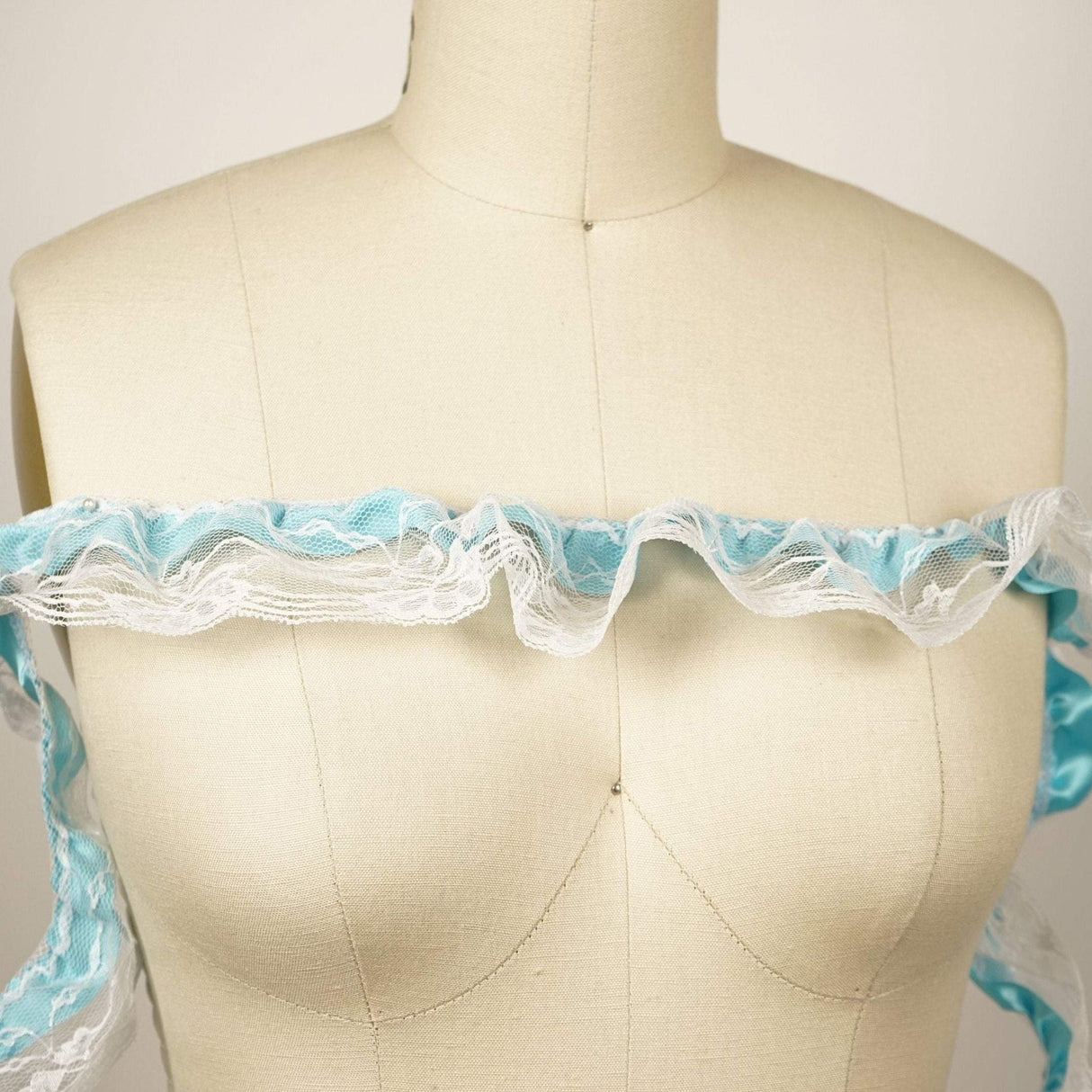 Ruffle Satin Trim Turquoise Lace Overlay