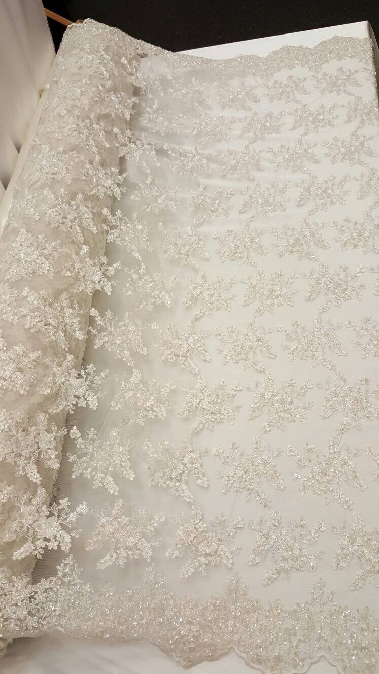 Beaded Bridal Lace Floral Embroidered Mesh Ivory